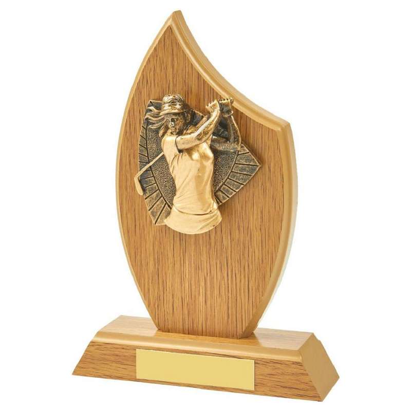 Wood Stand Trophy with Female Golf Resin Trim 190mm – Light Oak