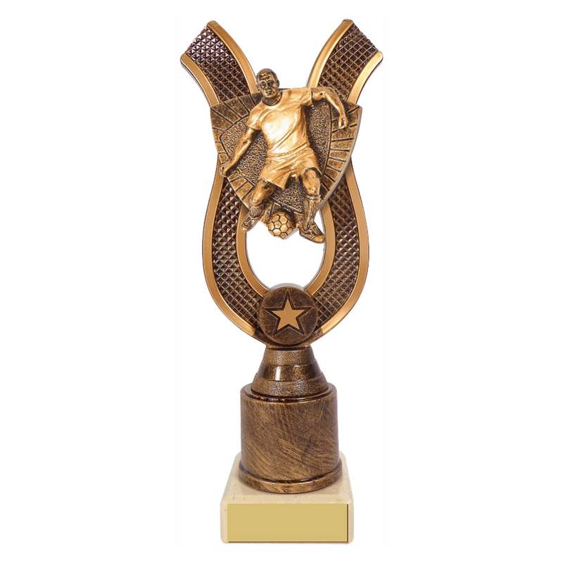 Antique Gold Ribbon Award with Resin Male Football Trim 180mm – Ant Gold