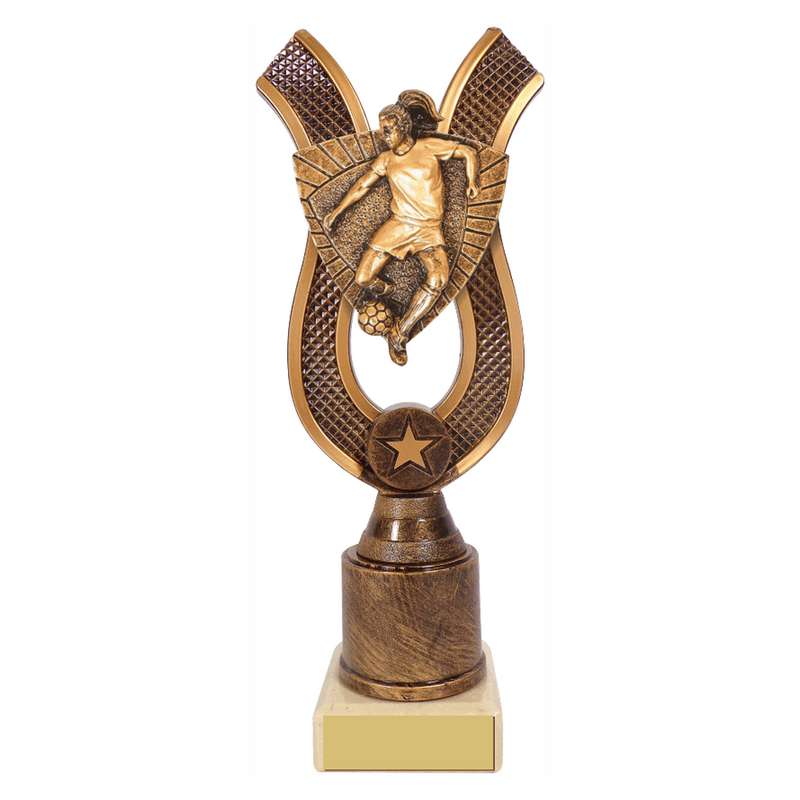 Antique Gold Ribbon Award with Resin Female Football Trim 180mm – Ant Gold