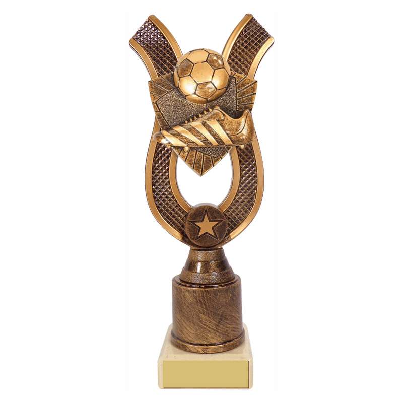 Antique Gold Ribbon Award with Resin Football Boot & Ball Trim 180mm – Ant Gold