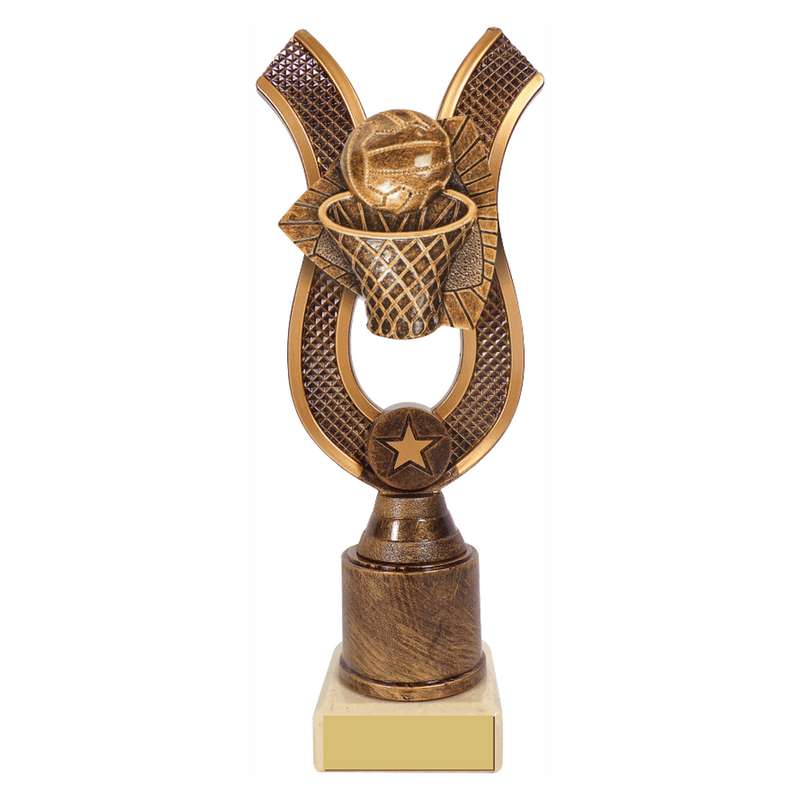 Antique Gold Ribbon Award with Resin Netball Trim 180mm – Ant Gold