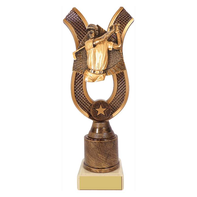 Antique Gold Ribbon Award with Resin Male Golf Trim 180mm – Ant Gold