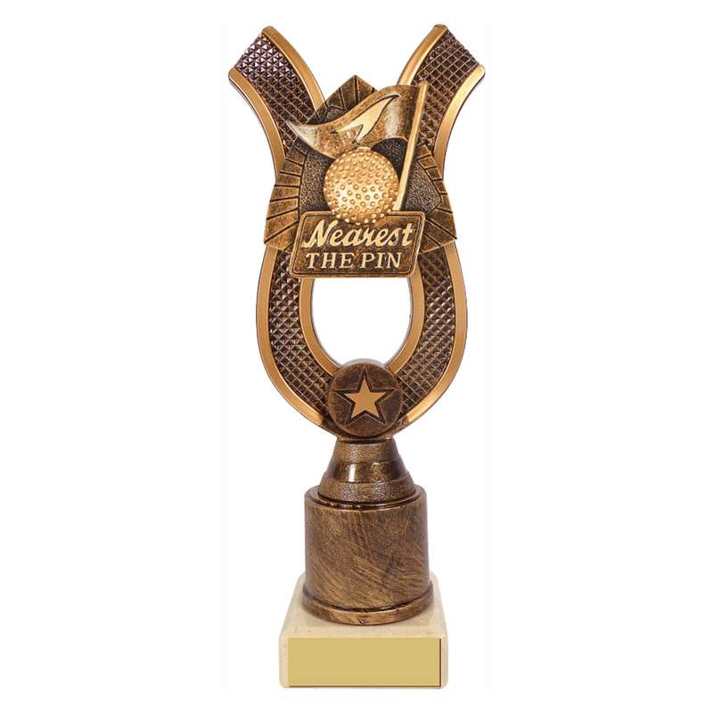 Antique Gold Ribbon Award with Resin Golf Nearest the Pin Trim 180mm – Ant Gold