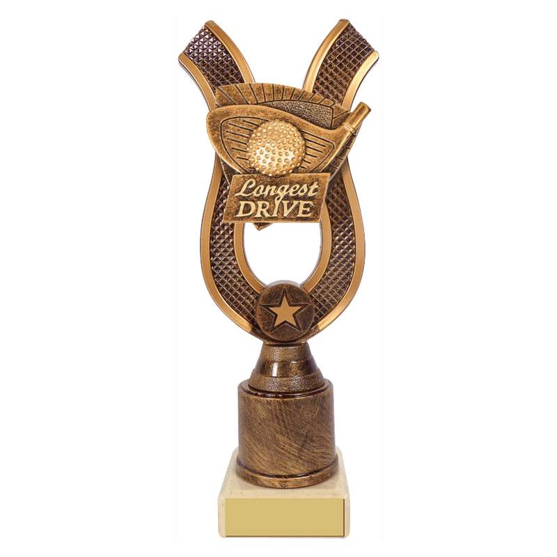 Antique Gold Ribbon Award with Resin Golf Longest Drive Trim 180mm – Ant Gold