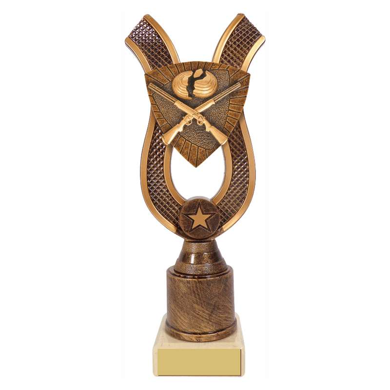 Antique Gold Ribbon Award with Resin Clayshoot Trim 180mm – Ant Gold