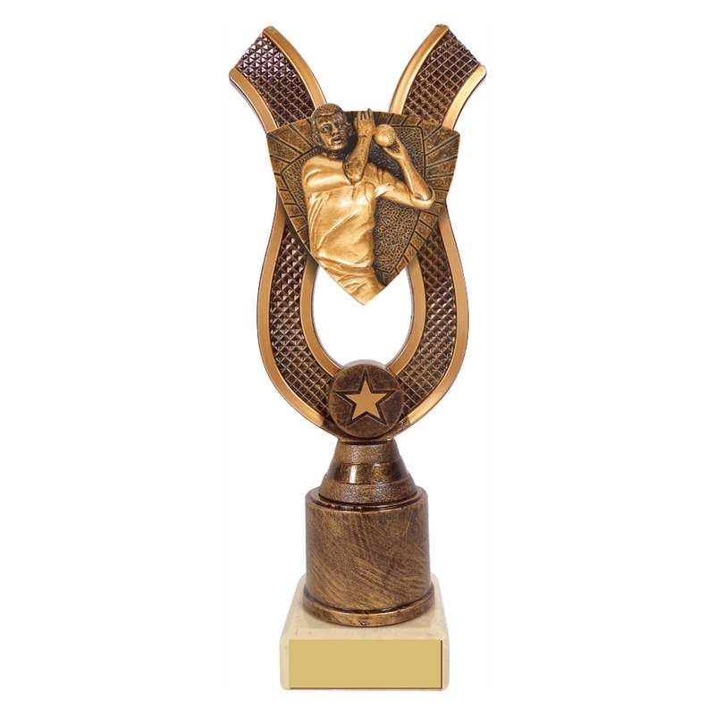 Antique Gold Ribbon Award with Resin Cricket Bowler Trim 180mm – Ant Gold