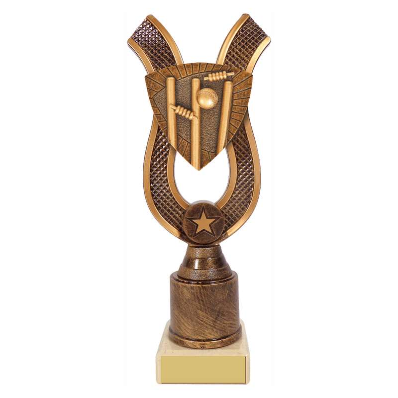 Antique Gold Ribbon Award with Resin Cricket Stumps Trim 180mm – Ant Gold