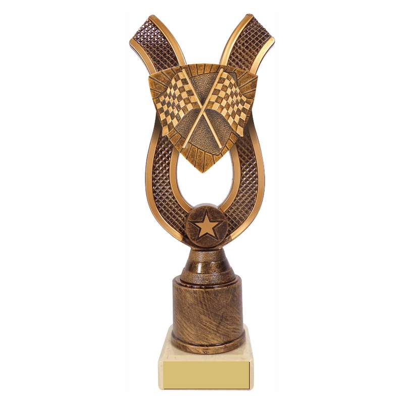 Antique Gold Ribbon Award with Resin Motor Sport Flag Trim 180mm – Ant Gold