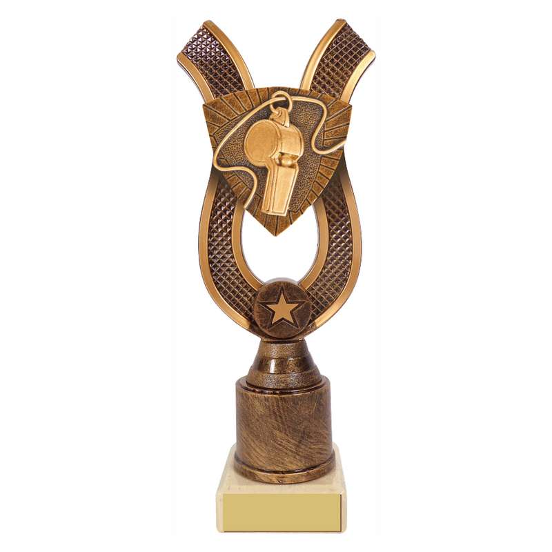 Antique Gold Ribbon Award with Resin Referee Trim 180mm – Ant Gold