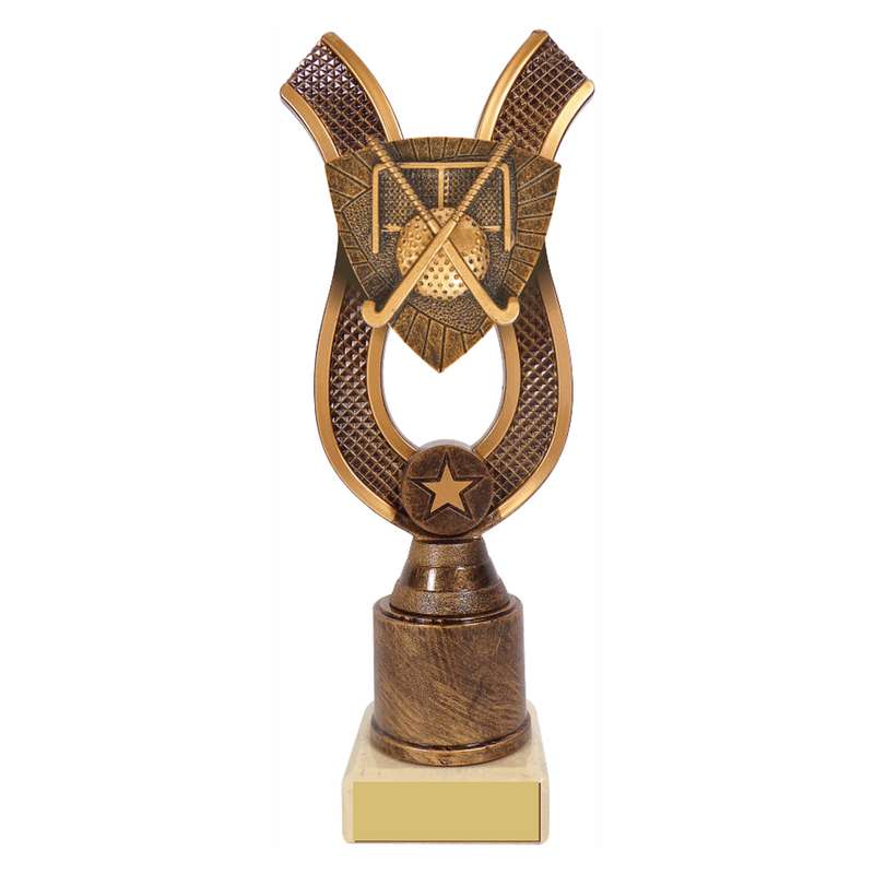 Antique Gold Ribbon Award with Resin Hockey Trim 180mm – Ant Gold