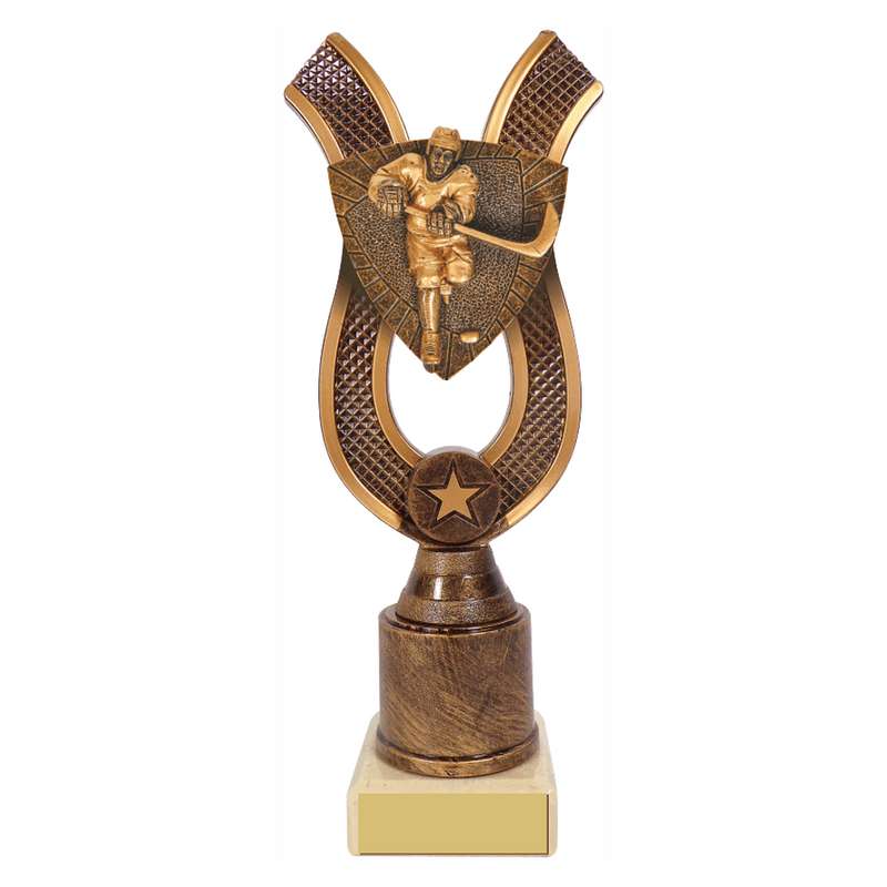 Antique Gold Ribbon Award with Resin Ice Hockey Trim 180mm – Ant Gold