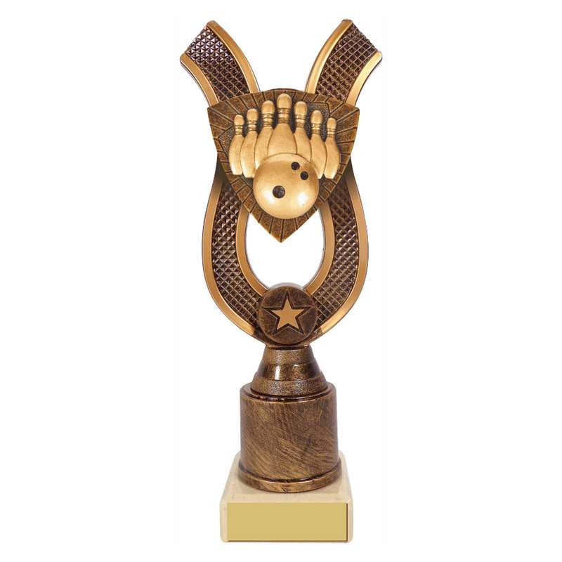 Antique Gold Ribbon Award with Resin Ten Pin Trim 180mm – Ant Gold