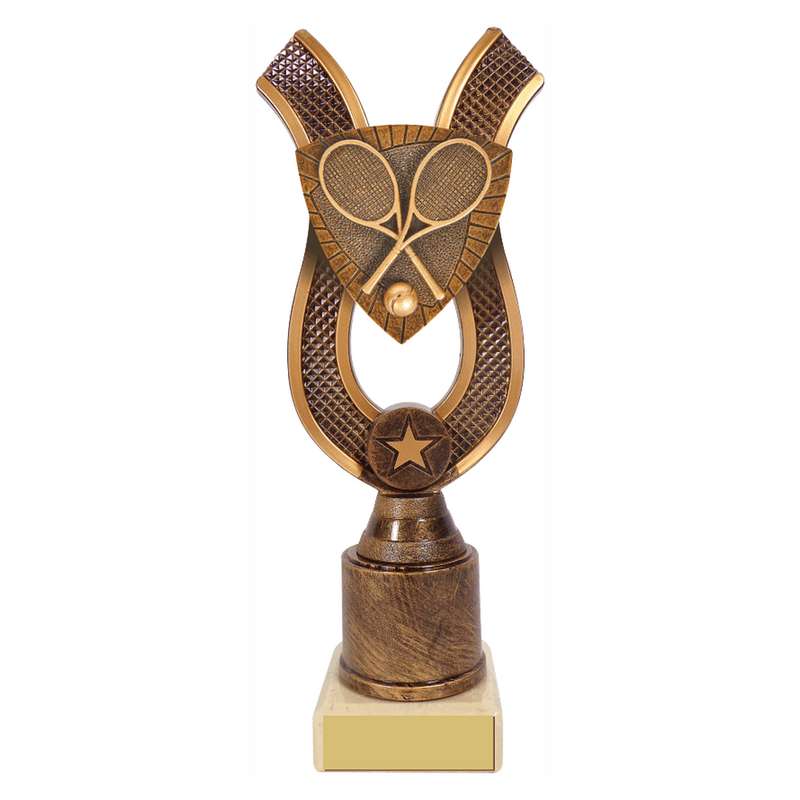 Antique Gold Ribbon Award with Resin Tennis Trim 180mm – Ant Gold