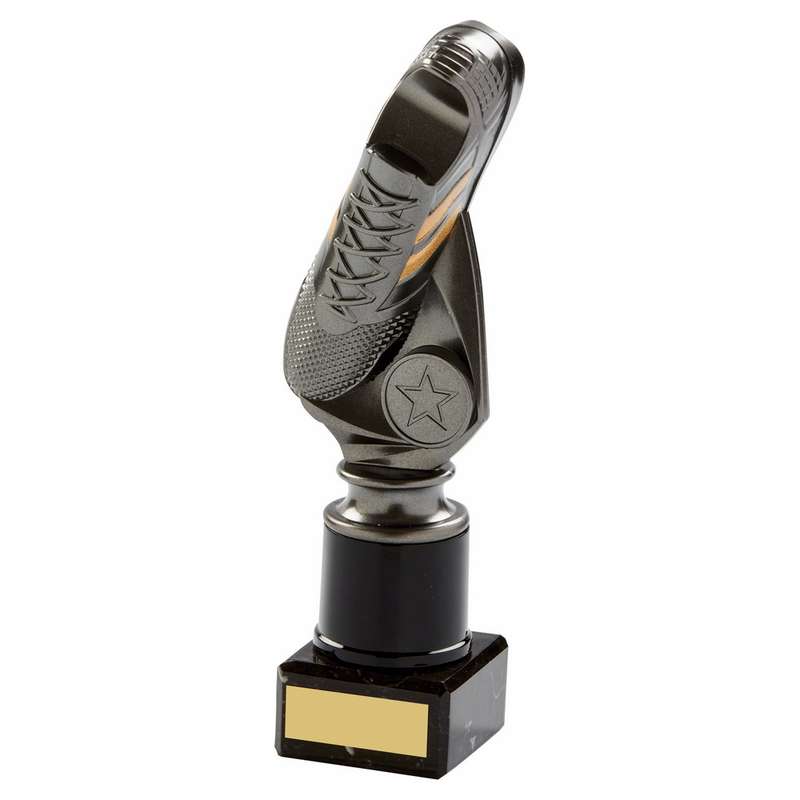 Gunmetal Football “Vertical” Boot on Marble Trophy 220mm – Ant Silver