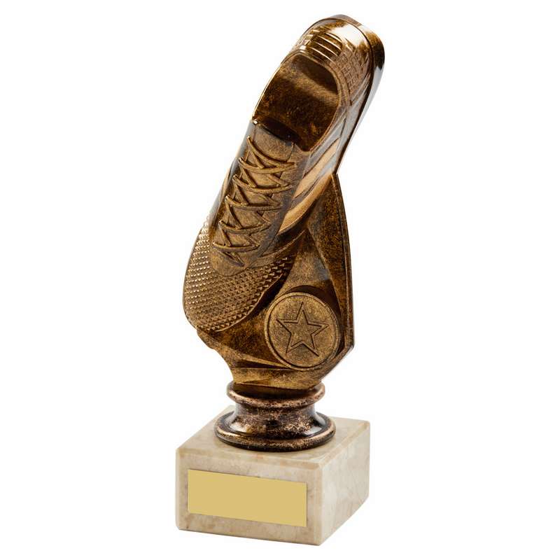 Antique Gold Football “Vertical” Boot on Marble Trophy 220mm – Ant Gold