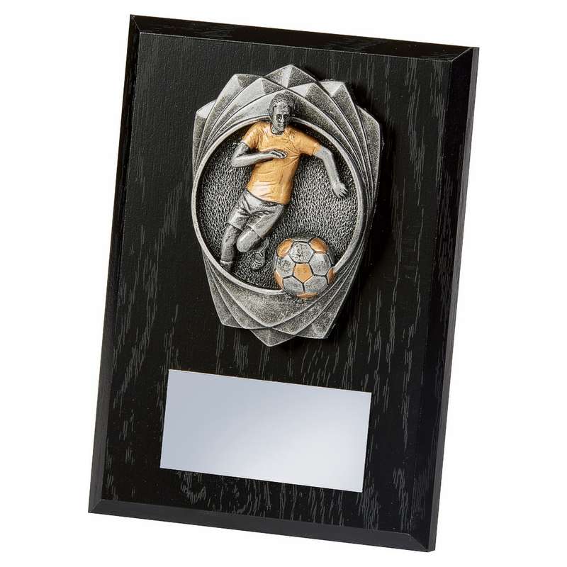 Antique Silver Male Footballer, Black Wood Award 150mm – Black