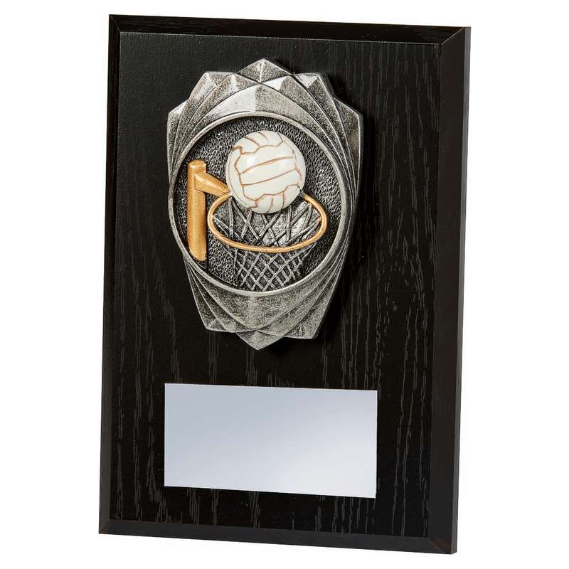 Antique Silver Netball, Black Wood Award 150mm – Black