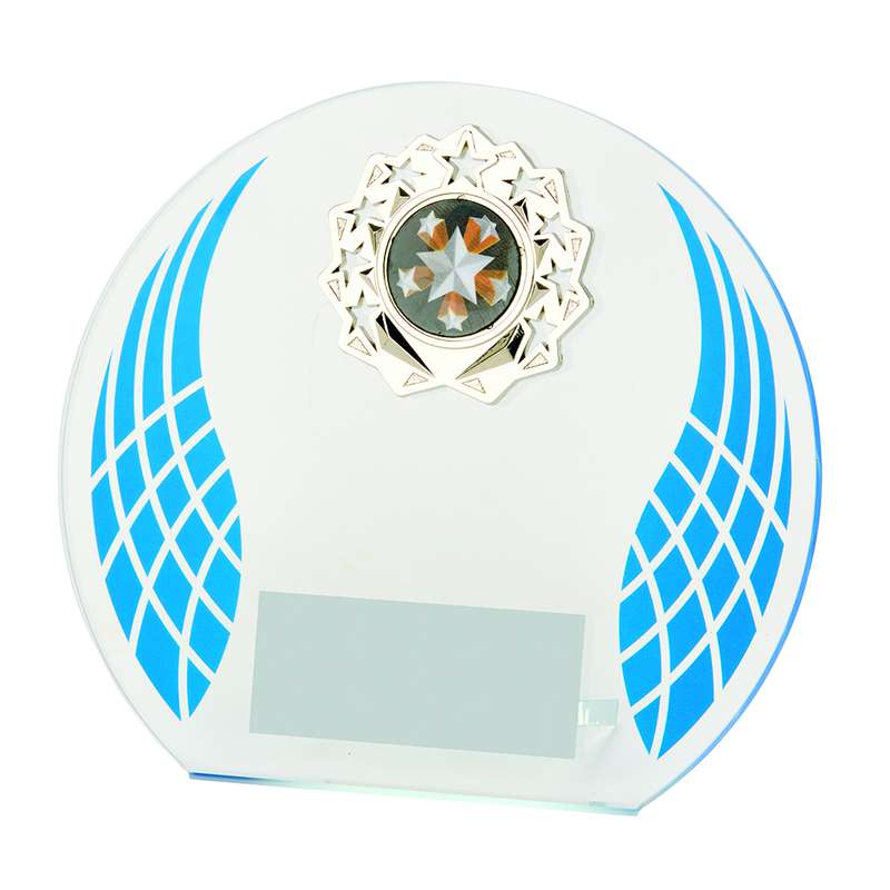 Blue Wreath Glass Award with Metal Trim 125mm – Blue