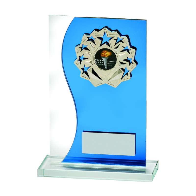 Blue Mirror Glass Stand Award with Metal Trim 180mm – Blue