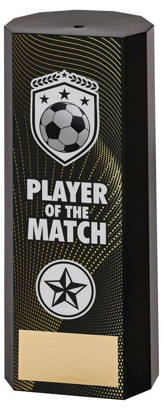 BLACK PLASTIC FILLED COLUMN FOOTBALL PLAYER OF THE MATCH (1in CEN) – 6in