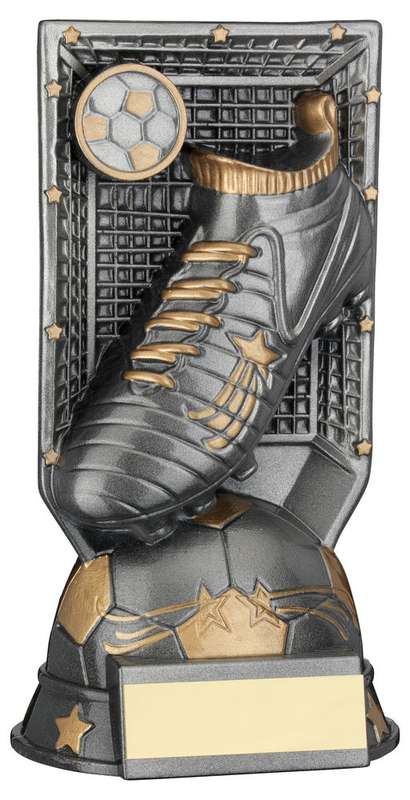 GUNMETAL GREY/GOLD FILLED PLASTIC FOOTBALL BOOT ON NET & PLATE (1in CEN) – 5.25″