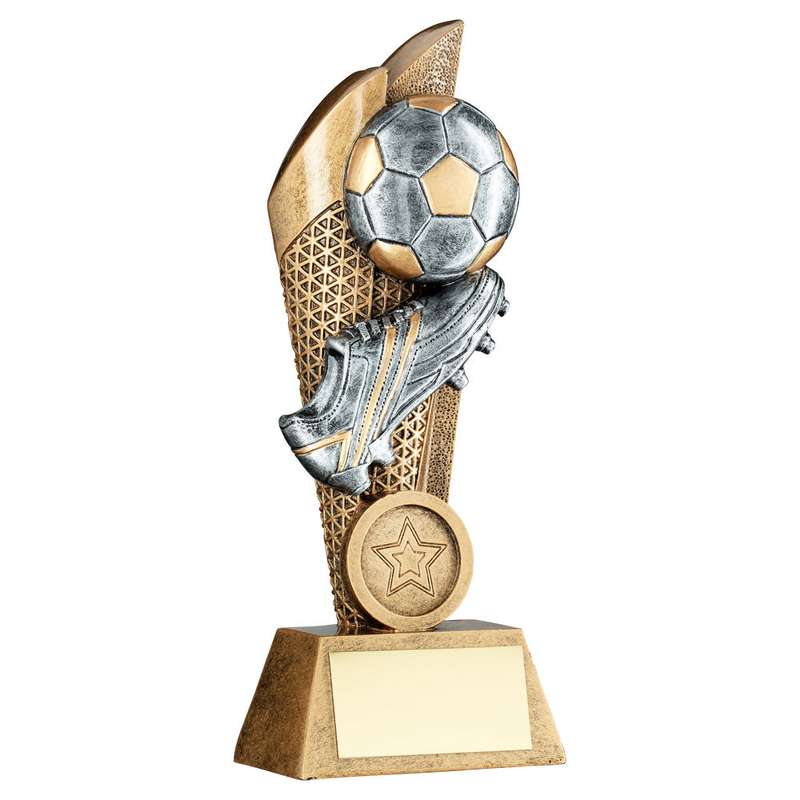 BRZ/PEW/GOLD FOOTBALL AND BOOT ON MESH BACKDROP WITH PLATE (1in CEN) – 5in