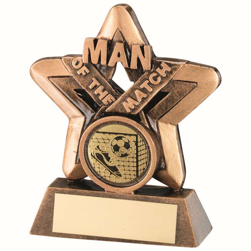 BRZ/GOLD MAN OF THE MATCH MINI STAR WITH FOOTBALL INSERT AND PLATE – 3.75in