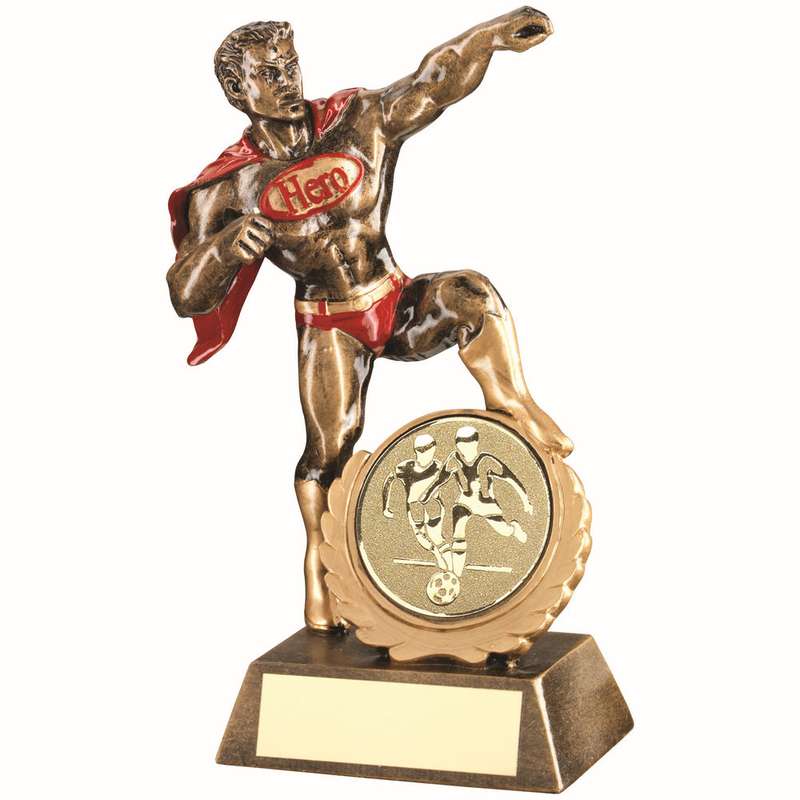 BRZ/GOLD/RED RESIN HERO AWARD WITH MALE FOOTBALL INSERT AND PLATE – 7.25in
