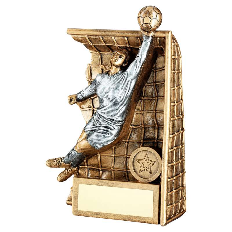 BRZ/PEW FEMALE KEEPER IN GOAL WITH PLATE (1in CENTRE) – 8in