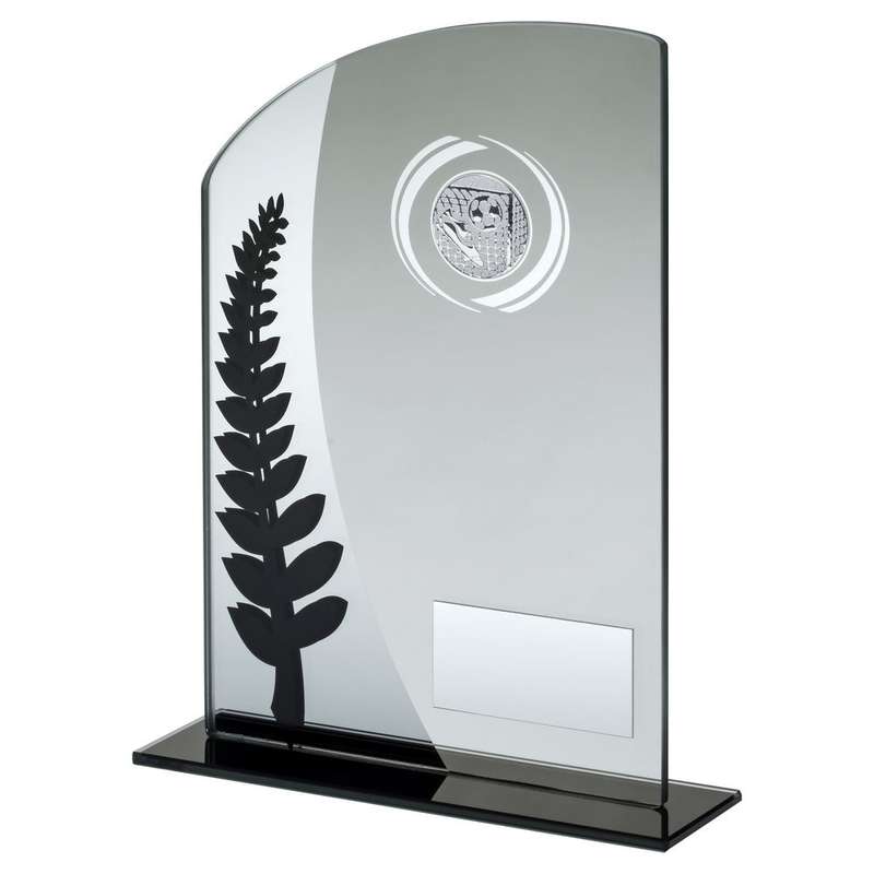 JADE GLASS PLAQUE WITH BLACK/SILVER DETAIL AND FOOTBALL INSERT AND PLATE – 6.5″
