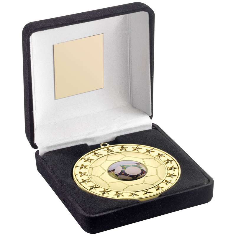 BLACK VELVET BOX AND 70mm FOOTBALL MEDAL TROPHY (1in CENTRE) GOLD – 4in