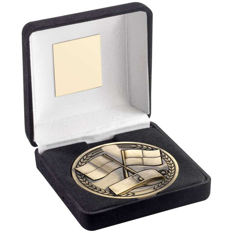 BLACK VELVET BOX AND 70mm ANTIQUE GOLD MEDALLION REFEREE TROPHY – 4in