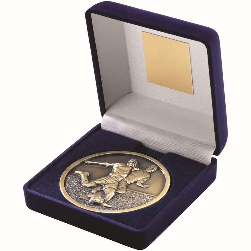 BLUE VELVET BOX AND 70mm MEDALLION FOOTBALL TROPHY ANTIQUE GOLD – 4in