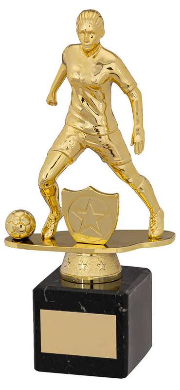 GOLD/BLK PLASTIC FEMALE FOOTBALL FIGURE ON BLK MARBLE TROPHY (1in CEN) – 6.75in