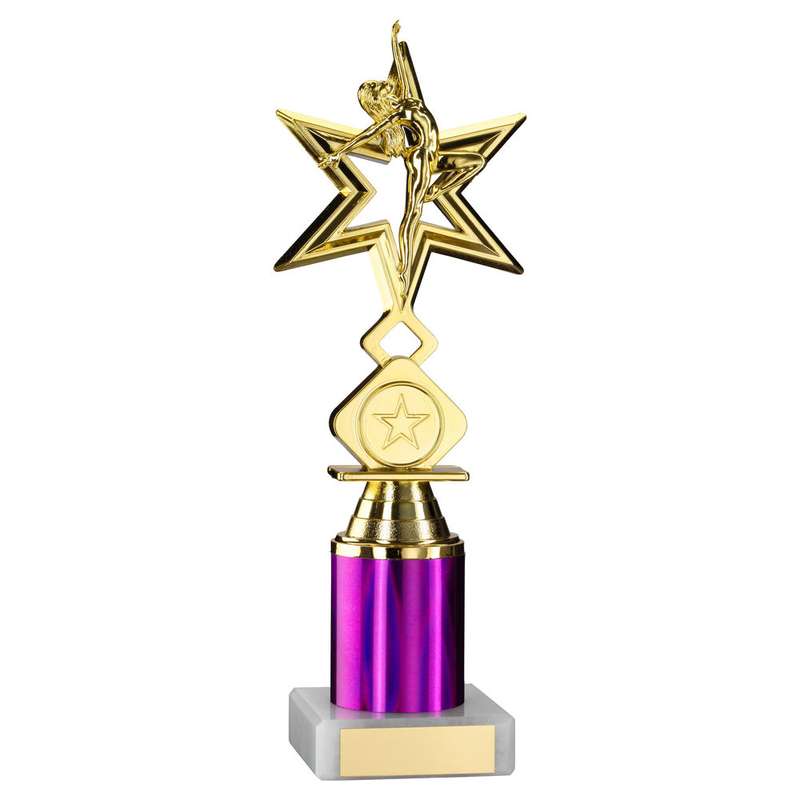 GOLD/PURPLE DANCE/GYM STAR FIGURE ASSEMBLED ON MARBLE – (1″ CEN/1″ TUBE) 8in