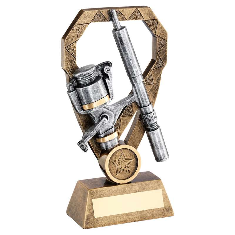 BRZ/PEW/GOLD ANGLING ROD AND REEL ON DIAMOND WITH PLATE (1in CENTRE) – 6in
