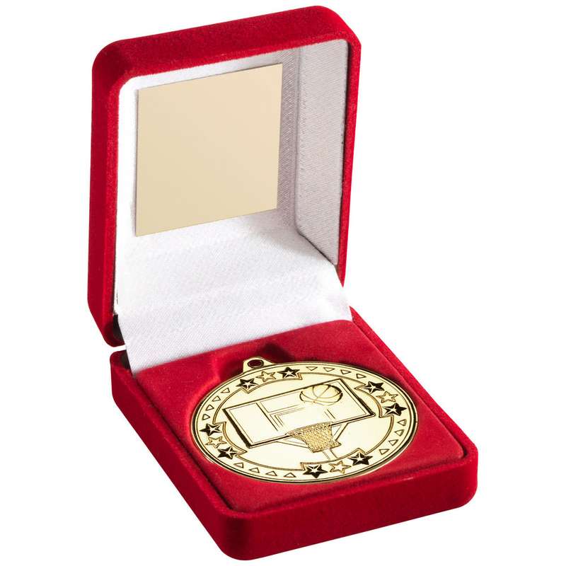 RED VELVET BOX AND 50mm MEDAL BASKETBALL TROPHY GOLD – 3.5in