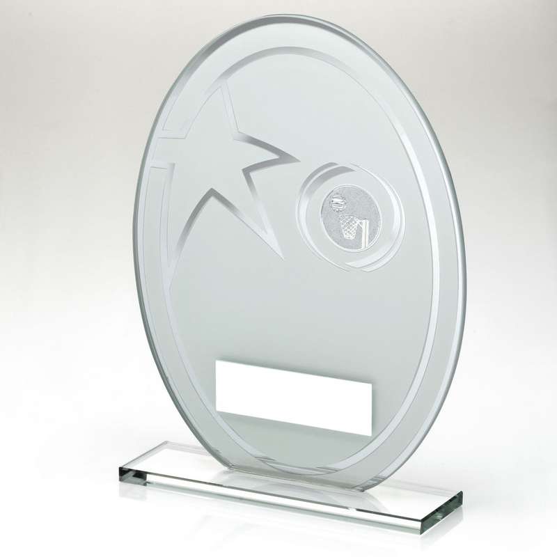 WHITE/SILVER PRINTED GLASS OVAL WITH NETBALL INSERT AND PLATE – 6.5in