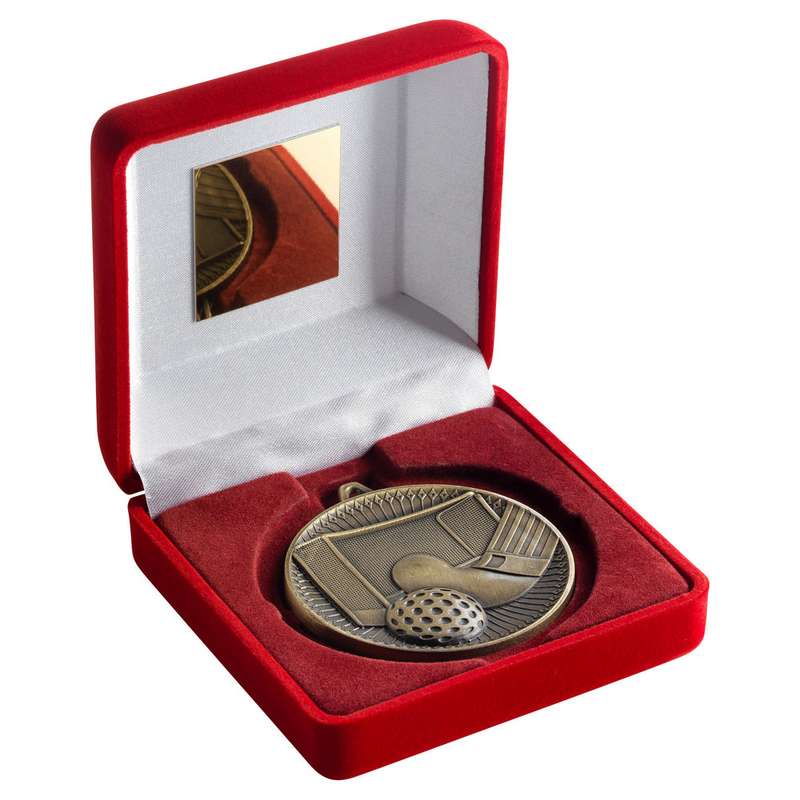 RED VELVET BOX AND 60mm MEDAL HOCKEY TROPHY ANTIQUE GOLD – 4in