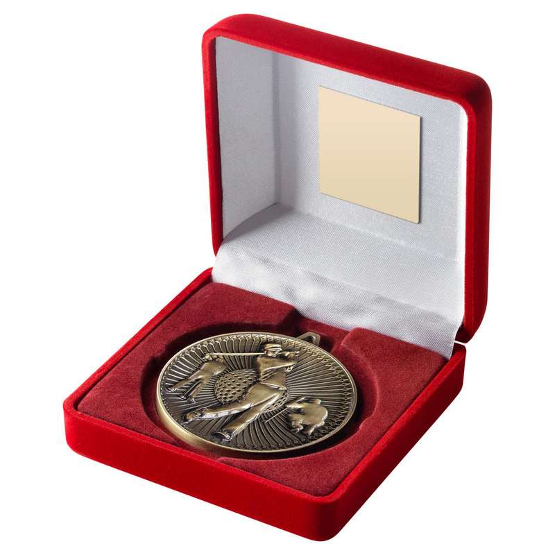RED VELVET BOX AND 60mm MEDAL GOLF TROPHY ANTIQUE GOLD – 4in