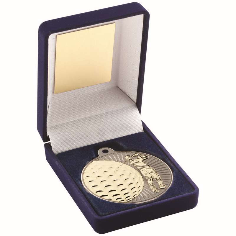 BLUE VELVET BOX AND 50mm GOLF MEDAL TROPHY MATT SILVER/GOLD – 3.5in