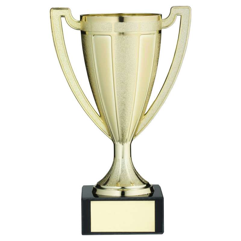 GOLD PLASTIC STIPPLED TROPHY CUP WITH PLATE – 4.5in
