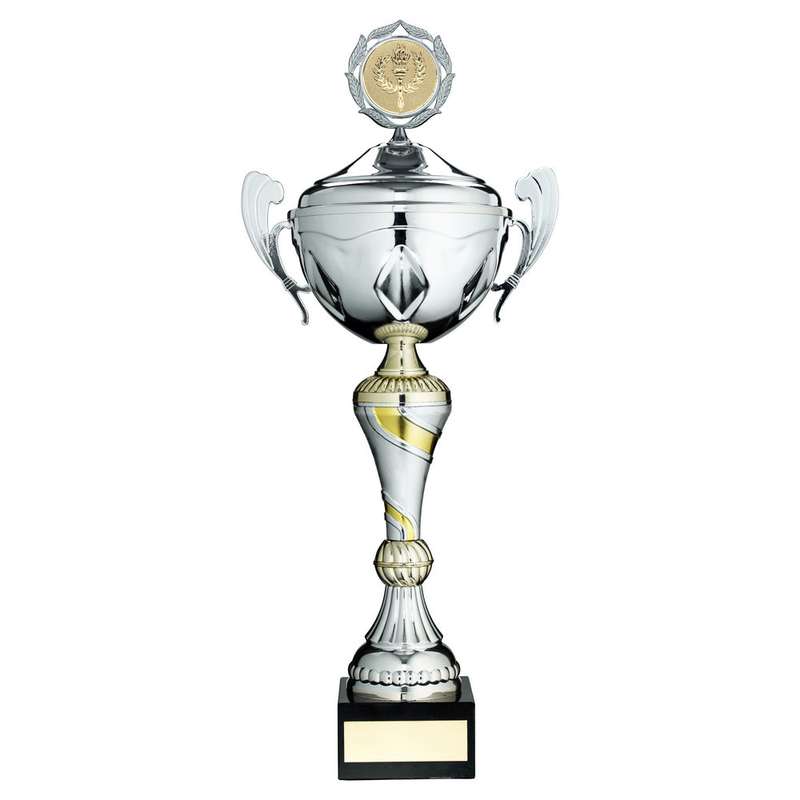 SILVER/GOLD TROPHY CUP WITH HANDLES, LID AND PLATE (2in CENTRE) – 14in