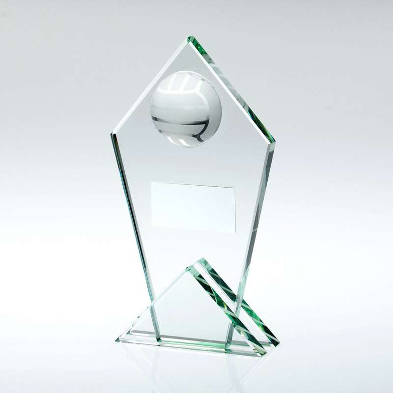 JADE GLASS POINTED PLAQUE WITH HALF GAELIC FOOTBALL AND PLATE – 5.75in