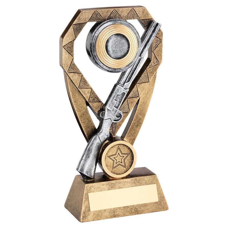 BRZ/PEW/GOLD SHOOTING RIFLE AND CLAY ON DIAMOND WITH PLATE (1in CENTRE) – 6in