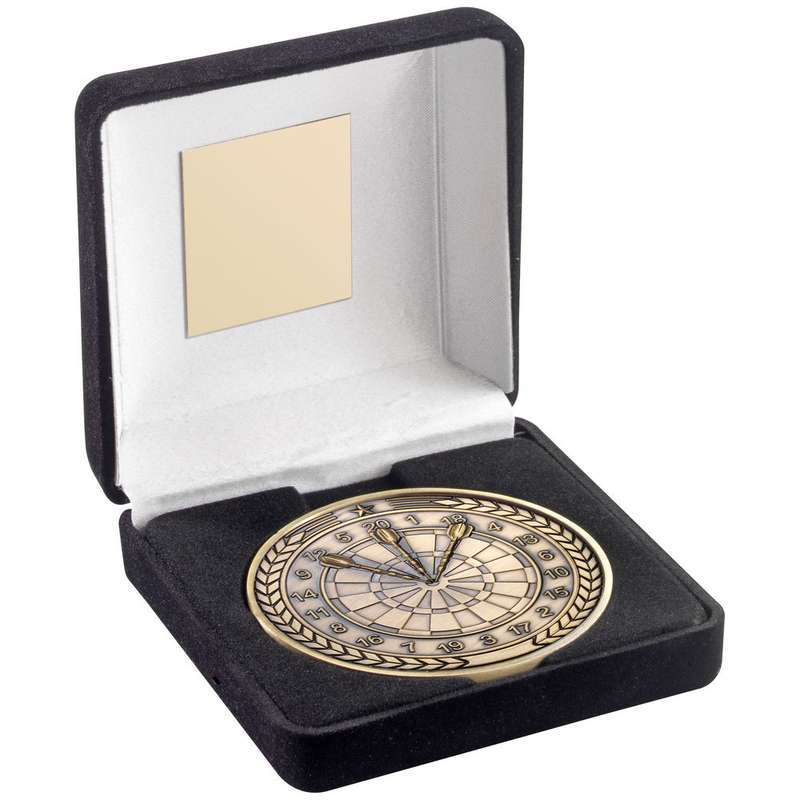 BLACK VELVET BOX AND 70mm MEDALLION DARTS TROPHY ANTIQUE GOLD – 4in