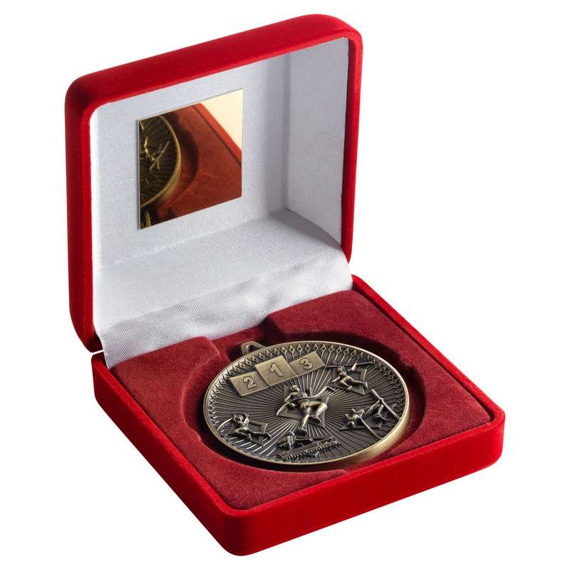 RED VELVET BOX AND 60mm MEDAL ATHLETICS TROPHY ANTIQUE GOLD – 4in