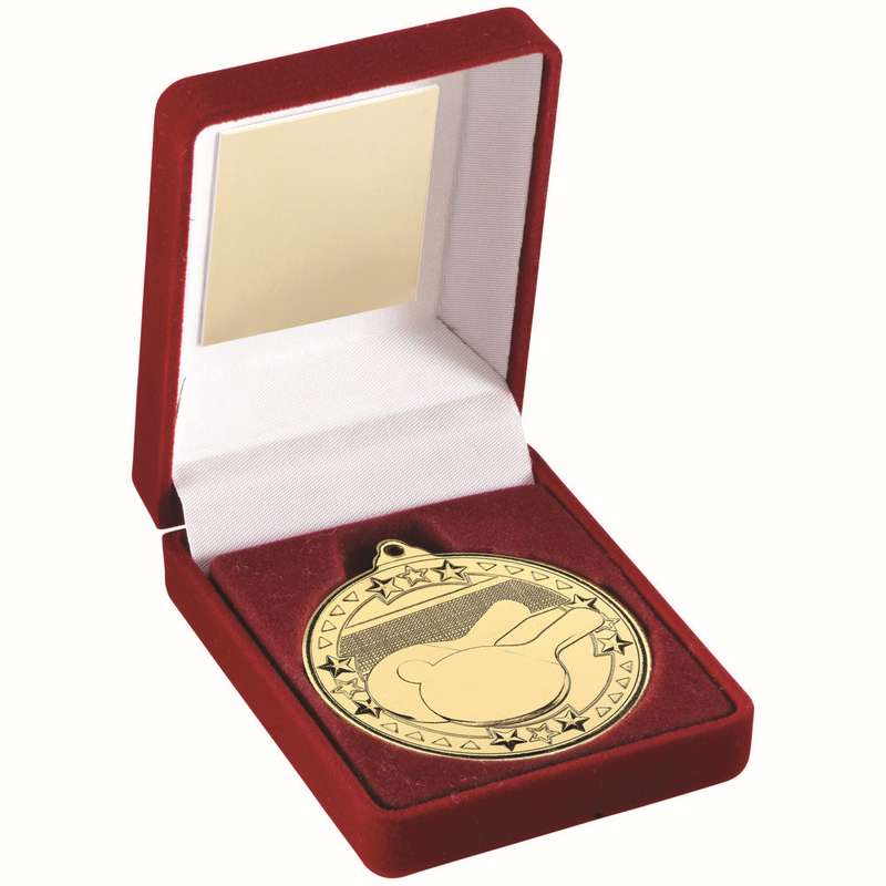 RED VELVET BOX AND 50mm MEDAL TABLE TENNIS TROPHY GOLD – 3.5in