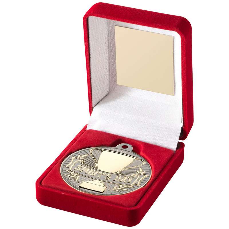 RED VELVET BOX AND 50mm SPORTS DAY MEDAL TROPHY MATT SILVER/GOLD – 3.5in