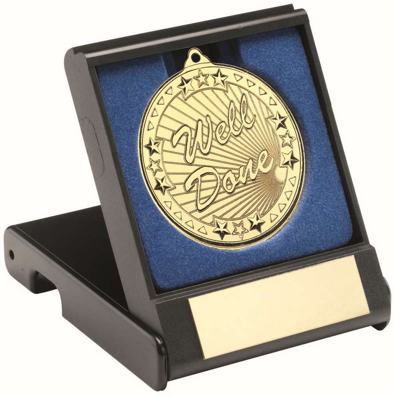BLACK PLASTIC BOX WITH 50mm GOLD WELL DONE MEDAL TROPHY – 3.5in